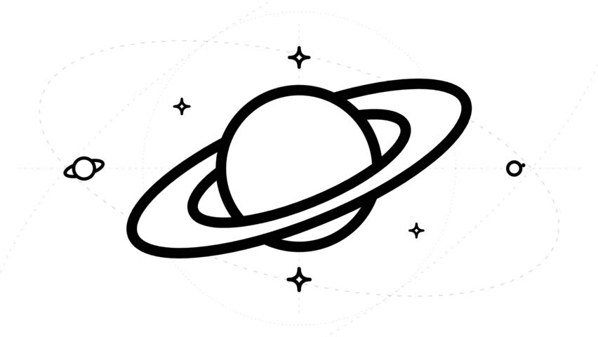 Simple black outline of Saturn planet with stars on white background.