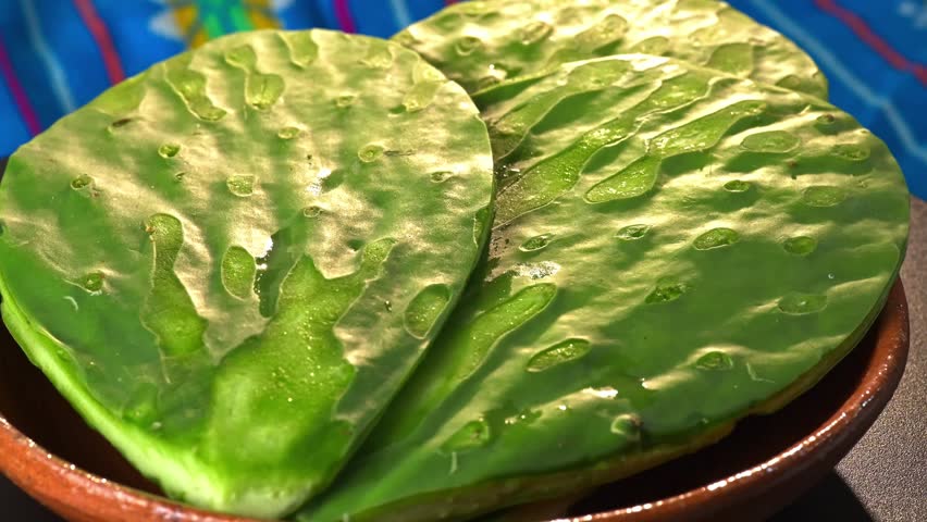 Fresh prickly pear cactus paddles (nopales) in a clay plate