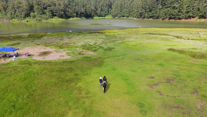Riders exploring a lakeside forest from above