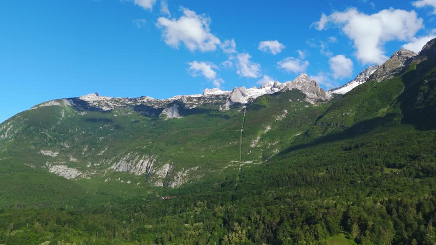 Kanin mountain range above Bovec, Slovenia, showing alpine peaks, forested slopes, blue sky and scattered cloud over a green valley landscape