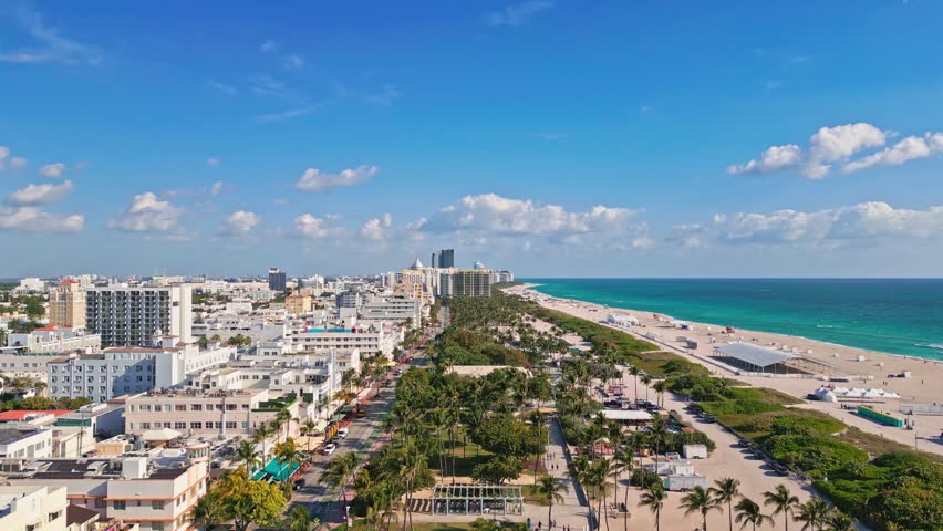 Miami city panorama with skyscrapers. Miami Beach skyline. Panoramic Miami coastline. Miami city.