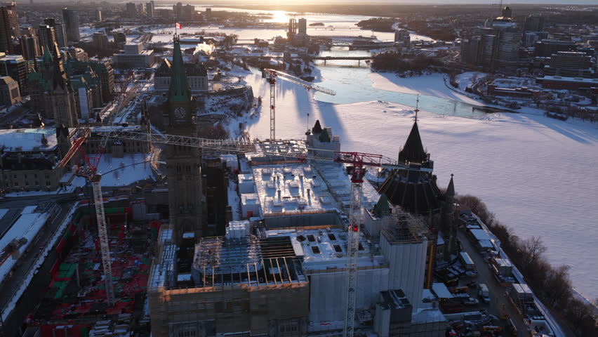 Spinning aerial view of parliament hill ottawa under construction