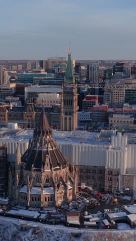 Spinning aerial view of parliament hill ottawa under construction