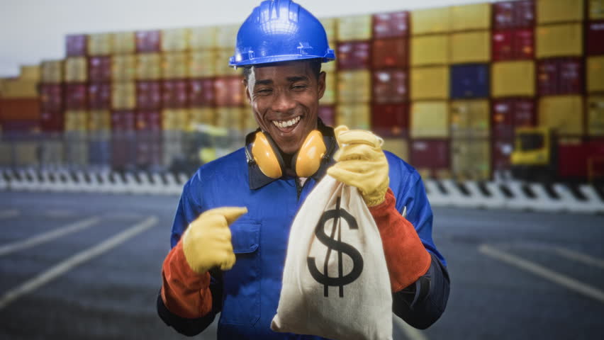 Man construction worker in blue hardhat and ear protectors pointing with gloved hand to a money bag at a shipping container building; wealth confidence.
