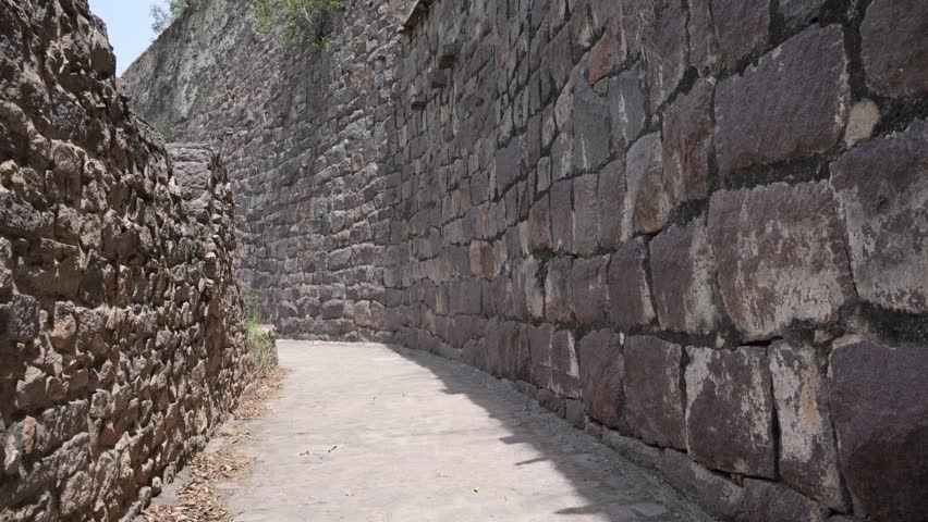 POV Walk into Ancient Fort Courtyard with Medieval Stone Architecture