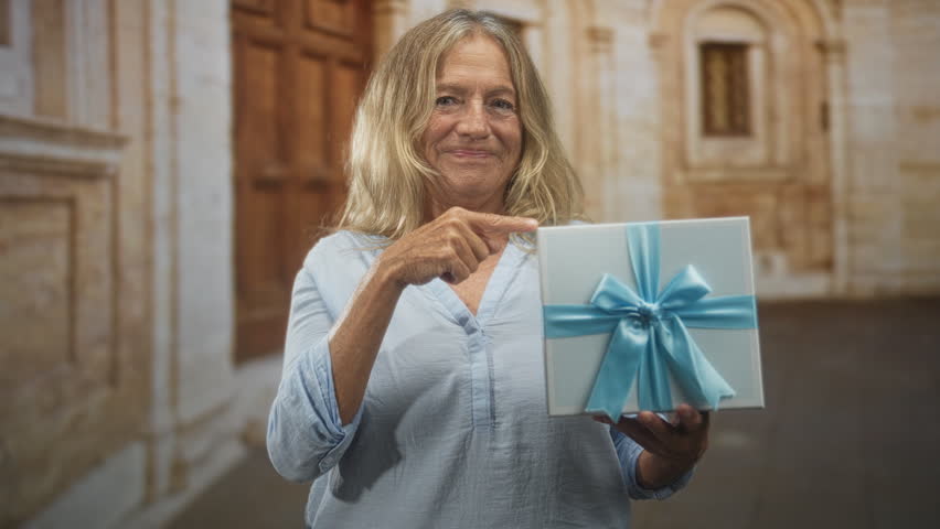 Senior woman pointing finger at wrapped gift box with blue ribbon in studio; sharing celebration moment.