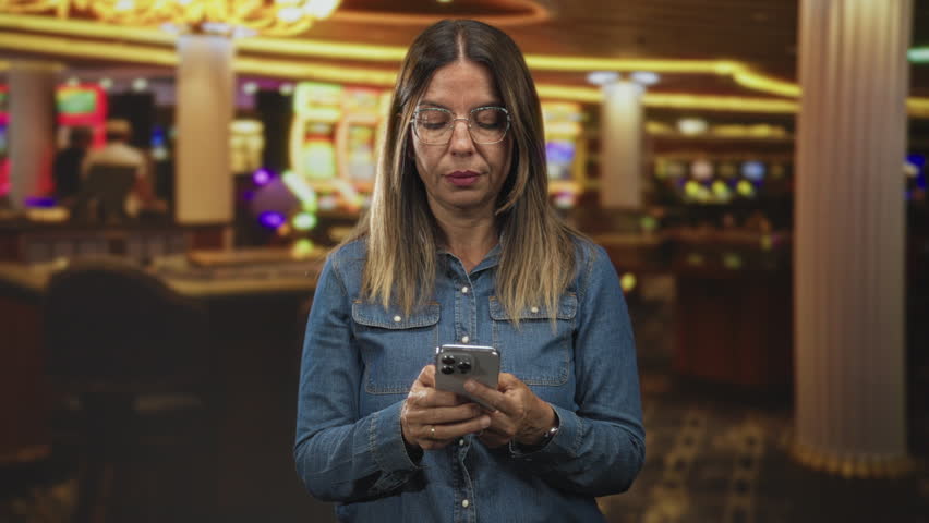 Woman holding smartphone and typing with thumbs while looking down in a building with slot machines and columns; quiet concentration.
