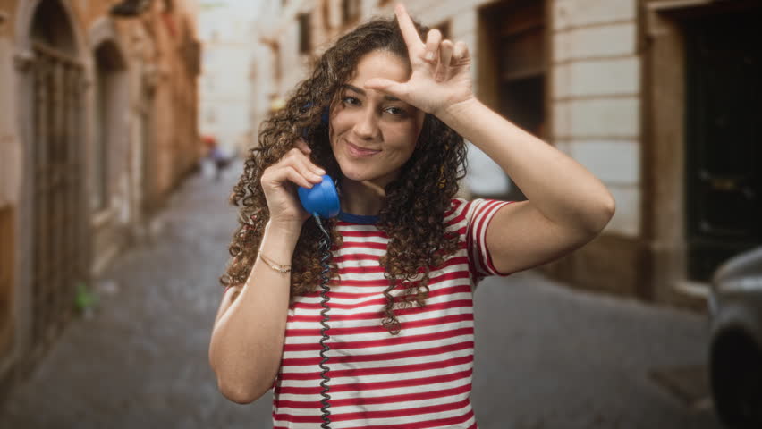 Woman holding blue telephone handset to ear, thumb and l gestures with hand on forehead on a narrow street with cobblestone buildings; playful nostalgia.