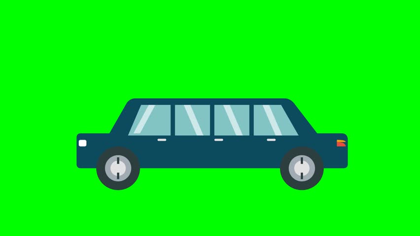 A cartoon-style limousine drives across a green screen background, perfect for adding to various projects. The simple animation and clean background make it versatile for different uses.