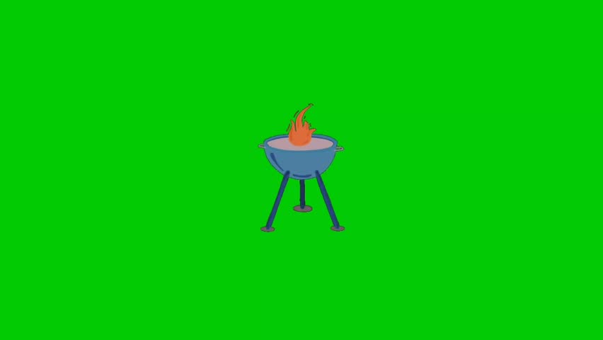 Animation of a barbecue grill. Ideal for food videos, summer BBQ promotions, restaurant advertisements, cooking intros, social media content, motion graphics, and video editing with chroma key background. Animation, green screen background.