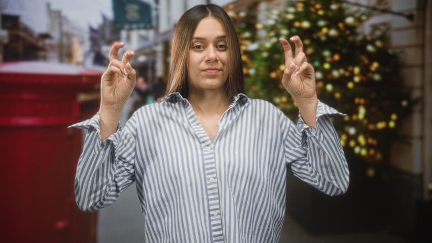 Woman showing peace sign with hands on street beside red postbox and decorated christmas tree; joyful holiday spirit.