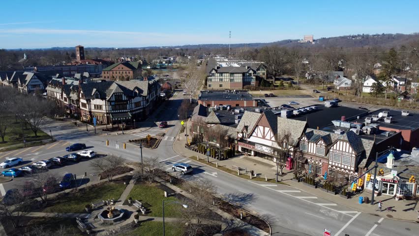 Drone shot of Mariemont, Ohio, a suburb of Cincinnati with a picturesque and antiquated downtown