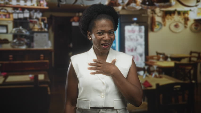 Woman in white vest placing hand on chest in a restaurant building with wooden tables and shelves; surprise gratitude.