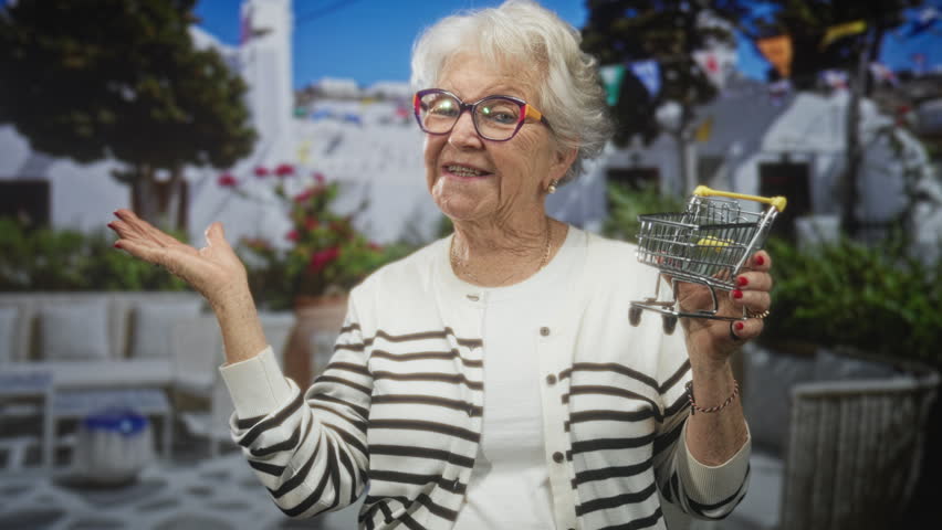 Elderly woman holding a miniature shopping cart and gesturing with open hand on a street with white buildings; cheerful independence.