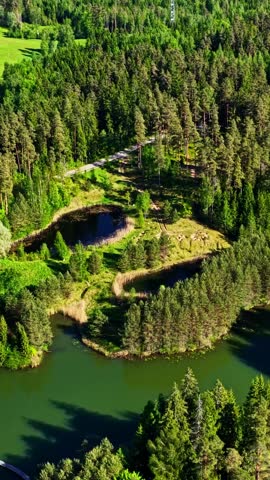 Aerial view of the lush forest landscape featuring small ponds and a winding dirt path in Amatciems, Cesu novads, Latvia.