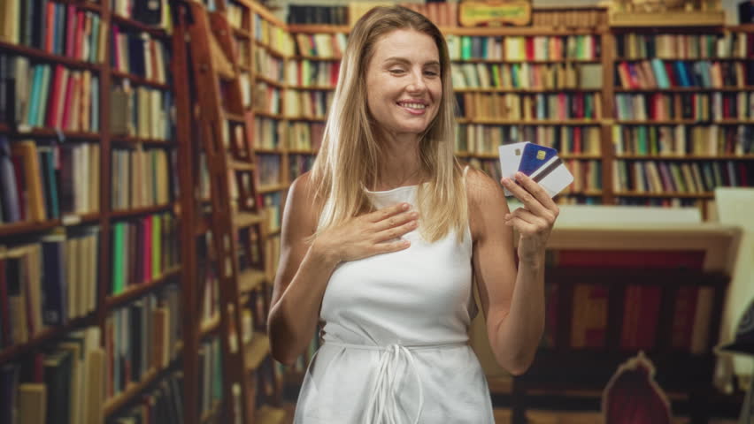 Blonde woman smiling holding fanned creditcards with one hand and hand on chest in library building among bookshelves; thoughtful decision.