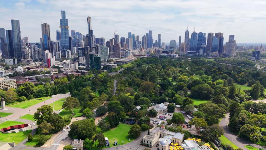 Aerial drone view of the skyscraper skyline of Melbourne central business district. Most populous city of the Australian state of Victoria.