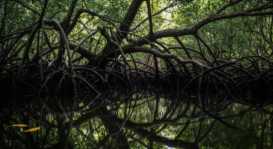 Tangled mangrove roots reflected perfectly in the still, dark water of a dense, green tropical forest