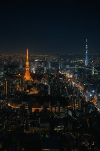 A vertical aerial view of Tokyo cityscape at night with glowing Tokyo Tower and Tokyo Skytree illuminated under dark sky, Japan