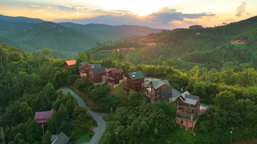 Mountain neighborhood around Gatlinburg, Tennessee with luxury cabins, winding roads and panoramic Smoky Mountain scenery
