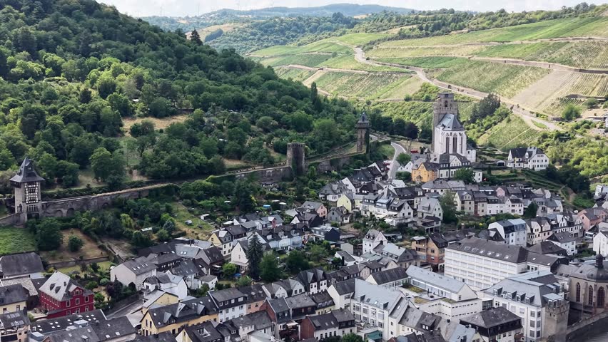 Aerial view of the historic town of Oberwesel with medieval city walls, Germany