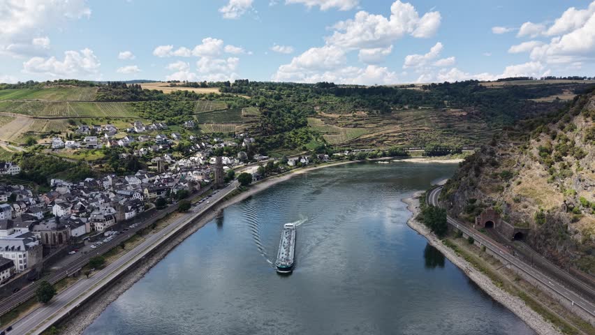 Aerial view of the historic town of Oberwesel with medieval city walls, Germany