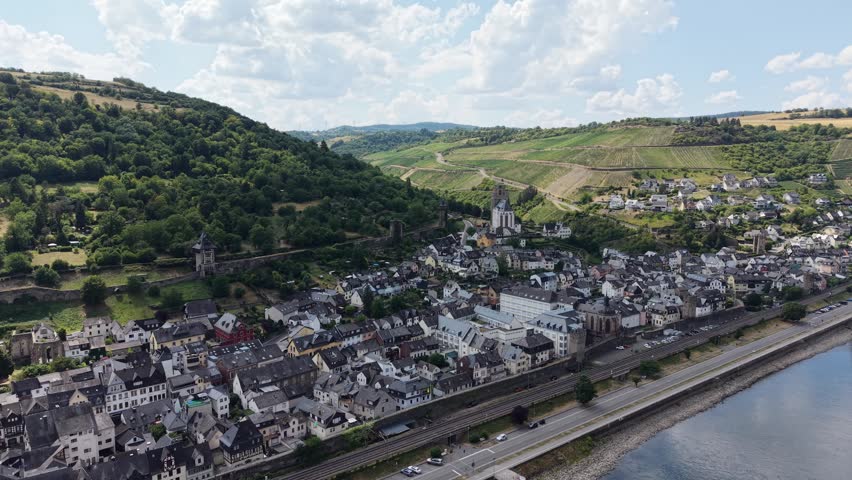 Aerial view of the historic town of Oberwesel with medieval city walls, Germany