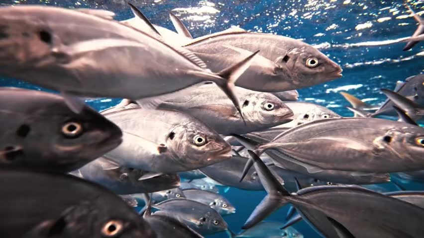 An underwater shot capturing a dense school of silver crevalle jack fish swimming together in unison through the clear blue ocean water near the surface.