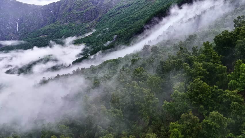 Aerial view of lush green mountainside with drifting mist and clouds over the landscape in Flam, Vestland, Norway.