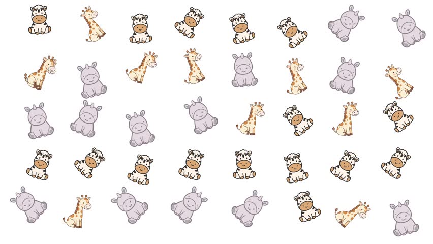 Animated seamless pattern of cute cartoon safari animals. Moving baby giraffe, hippo, and zebra doodle icons on white background for children graphic design.