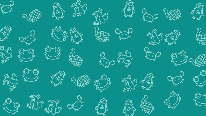 Cute cartoon tropical and zoo animals motion background loop. White outline crab, frog, toucan bird, and penguin pattern moving on a teal green background for kids and nursery videos.