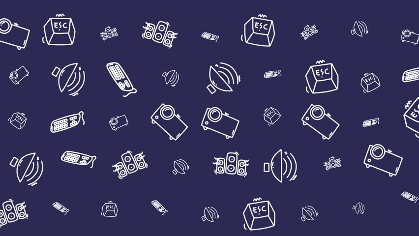 White outline multimedia and presentation icon motion background loop. Cartoon projector, speaker, remote, and satellite pattern floating on a navy blue background for technology videos.