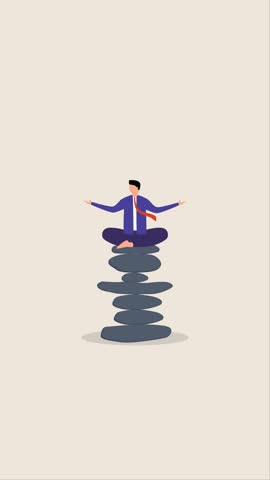 Mindfulness meditation to balance work and life animation, Serene and peaceful man practices meditation while seated on top of a pile of Zen rock pyramid.