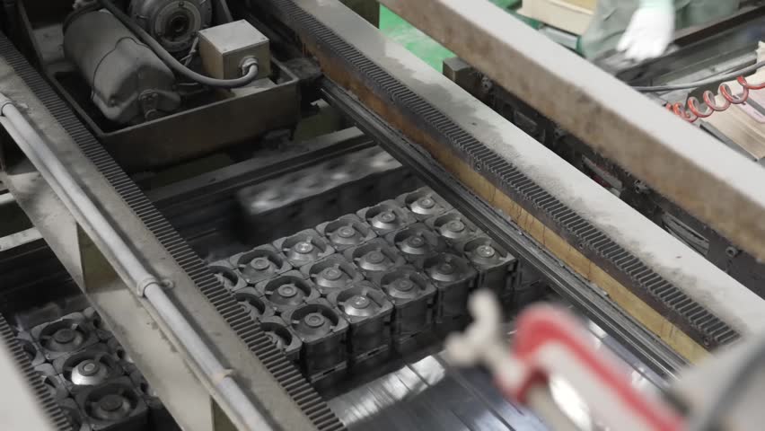 Soft focus close-up of baseball molds gliding through an automated machine line with foreground bokeh.