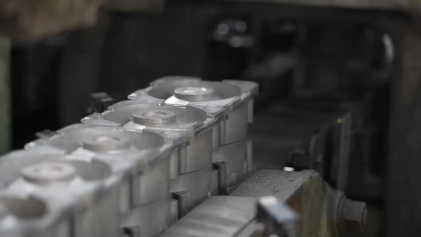 Rows of aluminum baseball mold blocks shift along an automated production line in soft factory light.