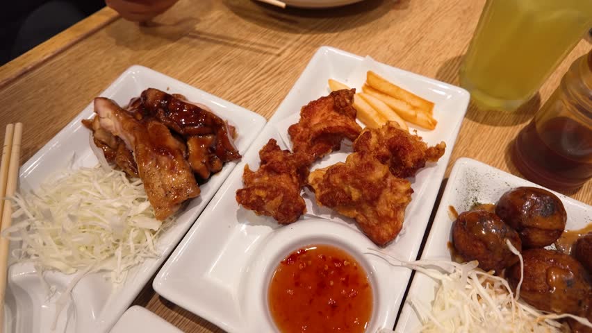 Overhead view of various Japanese dishes including fried chicken, dumplings, and teriyaki on wooden table.