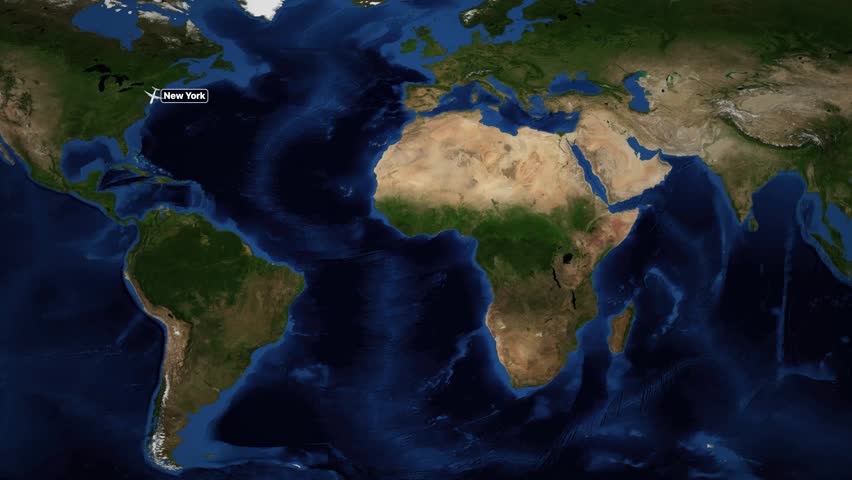 Satellite world map shows a plane icon traveling from New York City to Santiago Chile