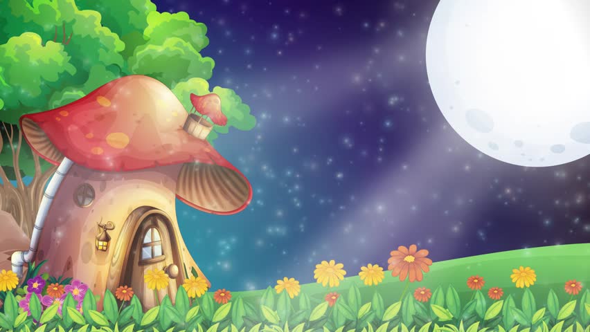 Whimsical cartoon mushroom cottage at night with glowing particles drifting through soft moonlight rays.