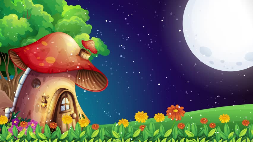 Cartoon mushroom cottage under full moon with glowing stars and animated sparkling light effects.