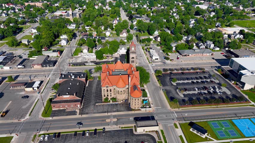 Aerial rotating shot of the historic Bay city , City hall in Michigan.
