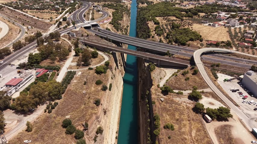 Sailboat Navigating the Historic Corinth Canal, Aerial view