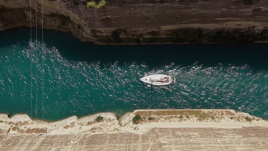 Small Sailing Yacht Crossing the Corinth Canal in Greece