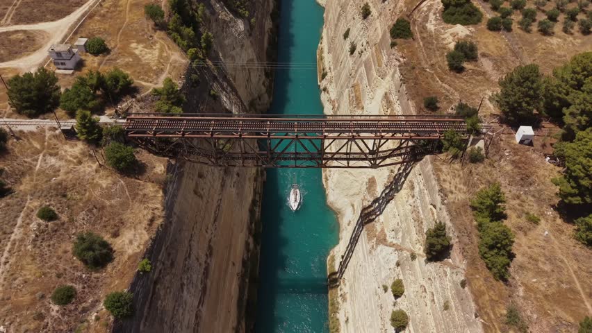Small Sailing Yacht Crossing the Corinth Canal in Greece