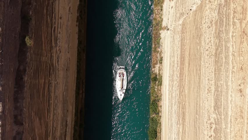 Small Sailing Yacht Crossing the Corinth Canal in Greece