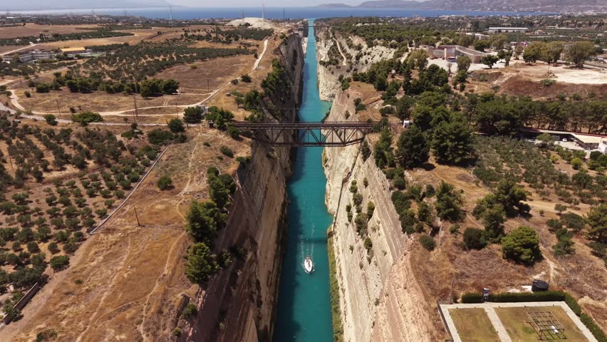 Small Sailing Yacht Crossing the Corinth Canal in Greece