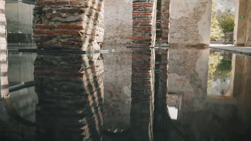 Water mirror vintage house Mexico low medium shot