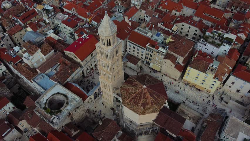 High angle aerial shot of the cathedral of saint domnius and the old town of split, croatia, with its iconic red tiled roofs