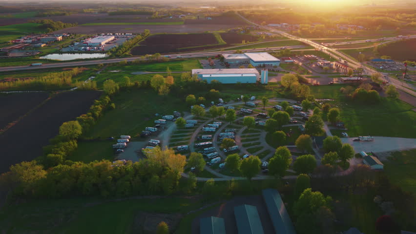 Golden-hour aerial of a Wisconsin RV park: travel trailers and motorhomes fill looped campsites among mature trees as the sun sets over farmland.