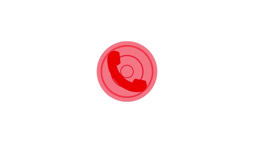 Red telephone call icon animation with pulsing signal waves on white background. Minimalist hotline, support, or incoming phone call interface alert design.