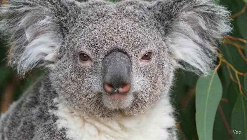 A close-up portrait of an adorable koala bear with fluffy ears, looking directly at the camera among eucalyptus leaves